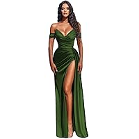 WOWSHINYWDProm Dresses Satin Gown Off Shoulder Mermaid Long Slit Beaded Formal Evening Party Bridesmaid Gowns for Women