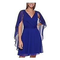 DKNY Womens Blue Belted Flutter Sleeve Surplice Neckline Above The Knee Evening Fit + Flare Dress 14