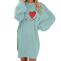 Women's Fall Winter Plush Dress Oversized Long Sleeve Sweater Dress Heart Graphic Print Fuzzy Knit Pullover Dresses