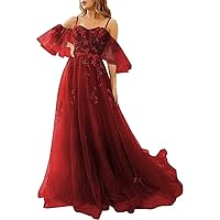 Off The Shoulder Lace Applique Prom Dress for Teens Tulle Long Spaghetti Straps Formal Evening Prom Gown for Women