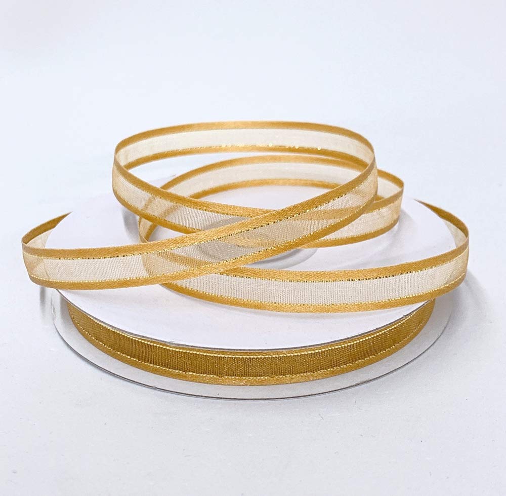 BJM Collection 3/8" X 25 Yard Organza Ribbon with Gold Trim Satin Edge Ribbon Art & Sawing Craft Party Favor Gift Wrapping (Gold)