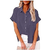 Womens Cotton Linen Button Down Shirt Summer Casual Short Sleeve Solid Color Shirts Loose Work Tops with Pockets