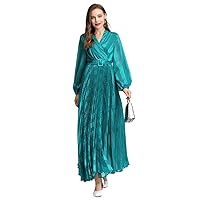 Women Evening Gown Dress Green Pleated Long Sleeve Midi Dres with Belt