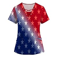 Women's 4Th of July Shirt Fashion Short Sleeve V-Neck Drawstring Print Pocket Top Tank, S-5XL