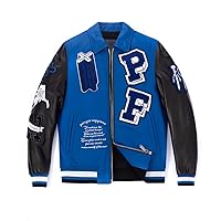 PALALEATHER Men's Blue-Black Splicing Designed Patches Genuine Leather Bomber Jacket