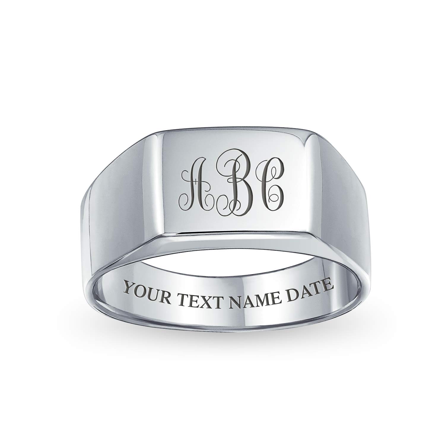 Bling Jewelry Geometric Customize Engrave Simple Wide Rectangle Initial Monogram Signet Ring For Men .925 Sterling Silver Shinny Finish