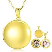 SOULMEET Personalized 10K 14K 18K Solid Gold Minimalist Round Locket Necklace That Holds 2 Pictures Photo Locket with Gold Chain Letters Engraving Gold Locket Gift