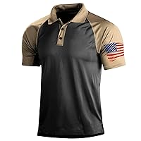 Mens 4th of July Polo Shirts American Flag Printed Raglan Short Sleeve Casual Slim Fit Button Up Tactical Golf Shirts