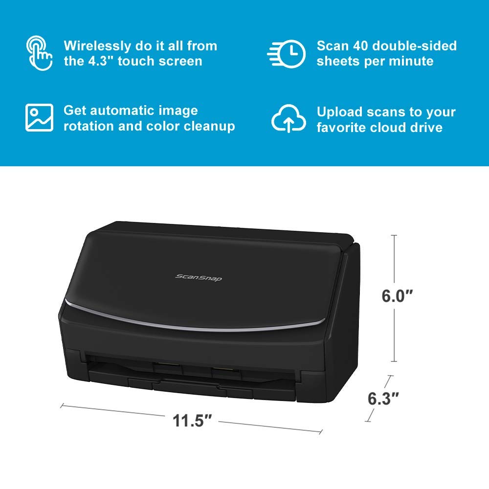 ScanSnap iX1600 Wireless or USB High-Speed Cloud Enabled Document, Photo & Receipt Scanner with Large Touchscreen and Auto Document Feeder for Mac or PC, Black