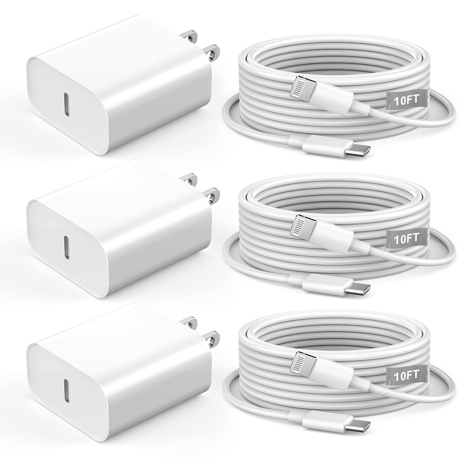 iPhone 11 12 13 14 Fast Charger,[Apple MFi Certified] 3Pack 20W Rapid USB C Wall Charger Block Adapter with 10FT Long USB-C to Lightning Data Sync Charging Cord for iPhone14 13 12 11 Pro Max Xs Xr X 8