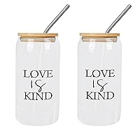 2 Pack Drinking Glasses with Bamboo Lids Love Is Kind Glass Cup Love Is Kind Cute Glass Cups Mom Birthday Gifts Cups Great For For Iced Coffee Cocktail Tea Juice