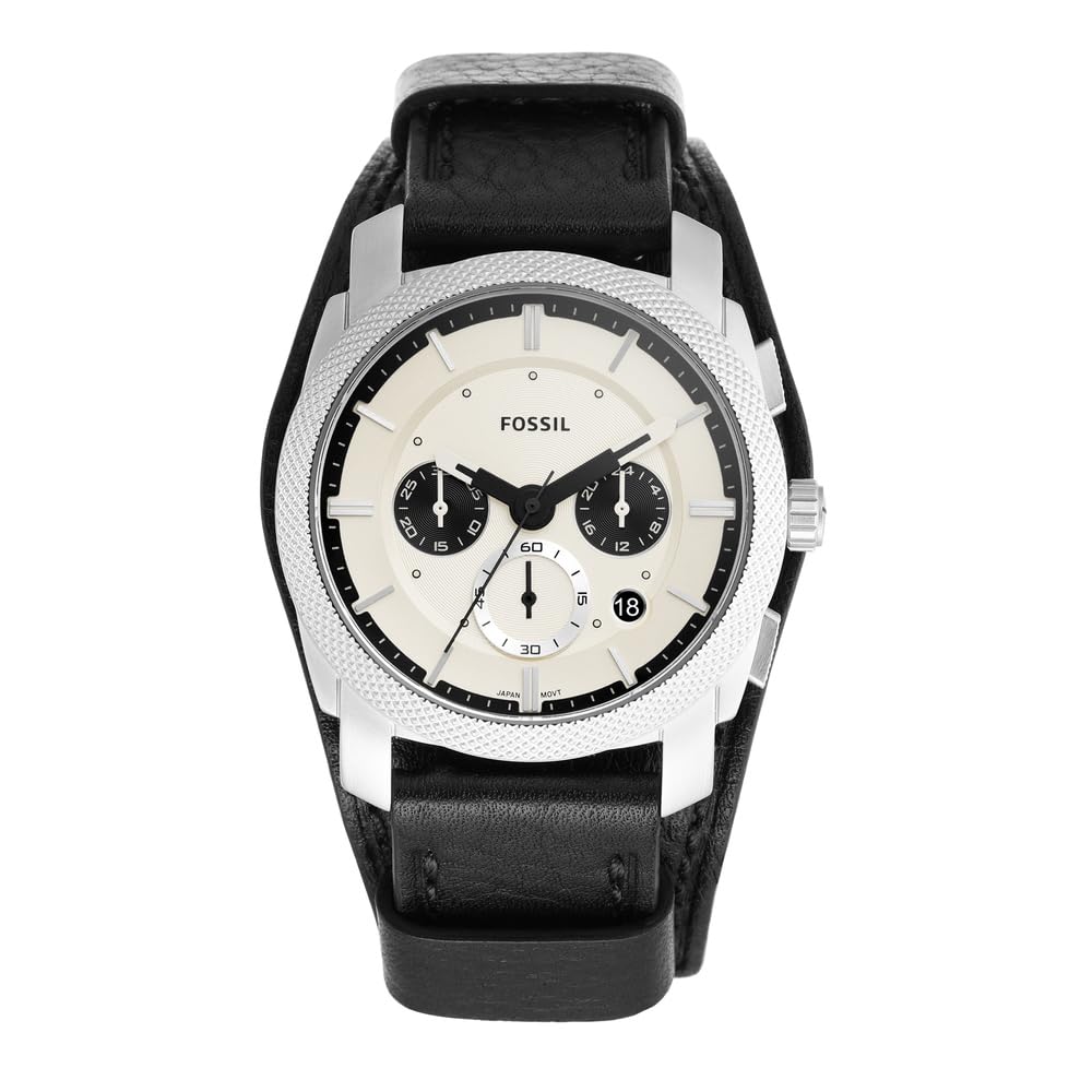 Fossil Men's Machine Quartz Stainless Steel and Leather Chronograph Watch, Color: Silver, Black (Model: FS5921)