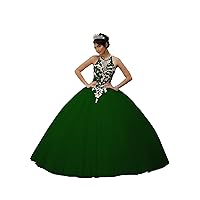 Women's Sweetheart Quinceanera Dress Lace Sequin Beads Applique Backless Princess Ball Gown Tulle Prom Dress Deep Green