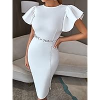 Dresses for Women - Flutter Sleeve Slit Back Bodycon Dress Without Belt (Size : Small)