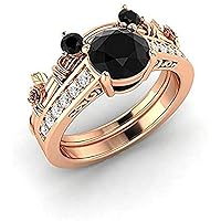 Round Cut Created Black Diamond Mickey Mouse Bridal Ring Set Wedding Band Engagement Ring for Women's 14K Rose Gold Plated 925 Sterling Sliver