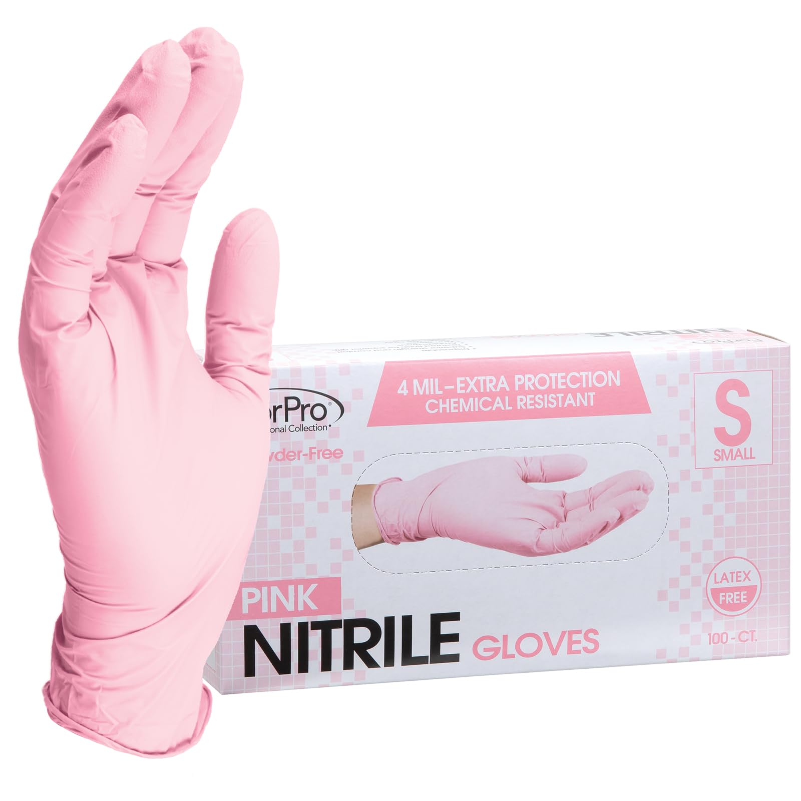 ForPro Disposable Nitrile Gloves, Chemical Resistant, Powder-Free, Latex-Free, Non-Sterile, Food Safe, 4 Mil, Pink, Small, 100-Count