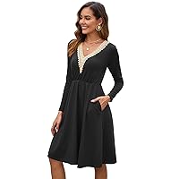 oten Women's Fall Long Sleeve Dresses Lace Trim V Neck Flowy Swing Casual Dress with Pockets