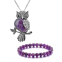 Bundle of Jovivi Amethyst Crystal Owl Pendant Necklace and Amethyst Crysal Stretch Bracelet Set