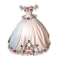 Off Shoulders Ball Gown Quinceanera Dresses Charros Vintage Flowers Embroidery with Corset Bows A/Ivory 2