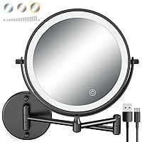 8 Inch Double Sided 1X 3X Magnifying Mirror, 2000mAh Rechargeable Wall Mounted Lighted Makeup Mirror, 3 Color Lighting, Touch Screen Dimming, Extended Arm 360 Rotation Shaving Light up Mirror