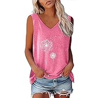 Women's Casual Tank Tops Summer V Neck Sleeveless Shirts Solid Color & Printed Loose Fit Basic T-Shirt Blouse
