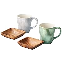 aito Ripple 266348 Ripple Mug, Set of 2, Includes Wooden Plate, Approx. 11.2 fl oz (330 ml), Beige/Green, Mino Ware, Dishwasher Safe, Microwave Safe