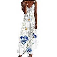 NaRHbrg Women Maxi Dress Floral Print V Neck Sleeveless Long Dress 2024 Summer Spaghetti Strap Dress Flowy Boho Long Sundress