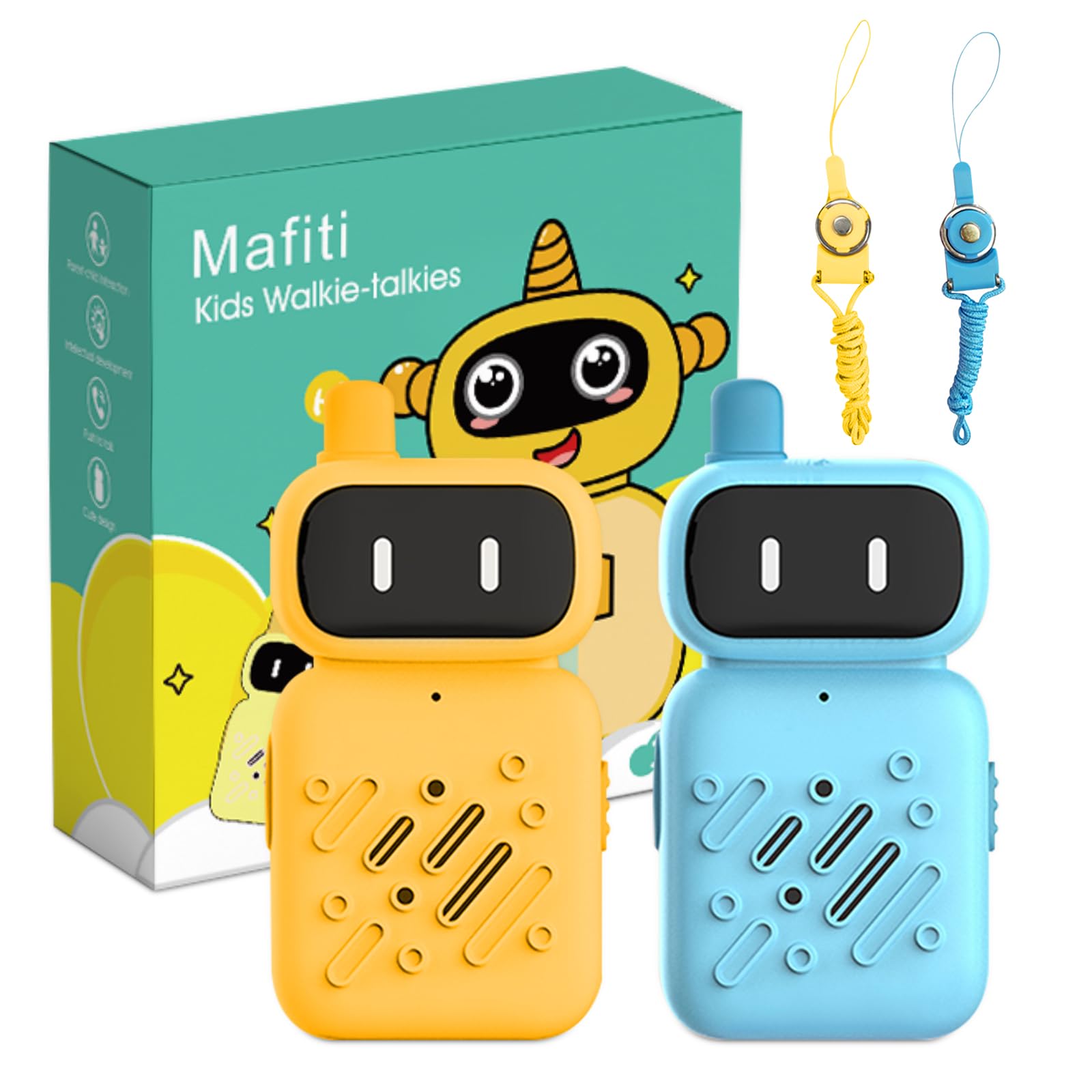 Mafiti Walkie Talkies for Kids 2 Pack Rechargeable Mini Walkie Talkie Long Range 1 KMs 2 Way Radio Toddler Toys Christmas Birthday Gifts for 3-12 Year Old Boys Girls Indoor Outdoor Games(Yellow+Blue)