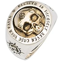 Men's Skull Ring 925 Sterling Silver Gold Skull Head Ring with Sun Totem Two Tone Punk Gothic Cocktail Party Ring Jewelry for Men Women Open Adjustable