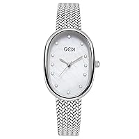 Gosasa Elegant Women's Quartz Watch - Oval Dial, Slim & Cute, Modern Minimalist Design, 30m Waterproof, Mother-of-Pearl Face, Adjustable Stainless Steel Mesh Band