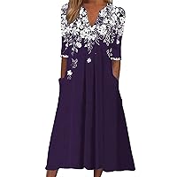 Boho Dresses for Women 2024 Casual Loose Short Sleeve Maxi Dres V Neck Floral Print Summer Beah Dresses with Pockets