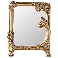 Resin Vintage Makeup Mirror Decorative Tabletop Rectangle Mirror Gold Standing Desktop Cosmetic Mirror Maid Girl Vanity Mirror Plum Floral Countertop Dressing Mirror with Stand for Home Decor