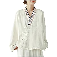 Chinese Style Retro Frog Button Embroidery Shirts Women's Cotton and Linen Loose Vintage Long Sleeve Blouse Tunic Top
