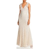 Womens Beige Beaded Sequined Double V-Neck with Bows Sleeveless Full-Length Formal Gown Dress 4