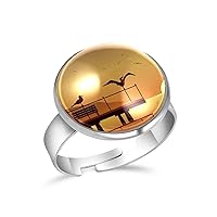 Albatross at Beach Bird Sunset Silhouette Adjustable Rings for Women Girls, Stainless Steel Open Finger Rings Jewelry Gifts