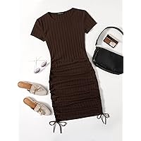 Dresses for Women Drawstring Side Rib-Knit Bodycon Dress (Color : Chocolate Brown, Size : X-Small)