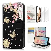 STENES Bling Wallet Phone Case Compatible with Samsung Galaxy A13 5G - Stylish - 3D Handmade Pretty Butterfly Flowers Leather Cover with Screen Protector [2 Pack] - Black