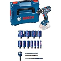 Bosch Professional 18V System Cordless Screwdriver GSR 18V-28 (without Battery and Charger, in L-BOXX) + 15-Piece Expert Construction Material Hole Saw Set (for Softwood, Diameter 20-76 mm, Drill