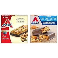 Atkins Chocolate Peanut Butter Pretzel Protein Meal Bars, 16g Protein, 5 Count & Caramel Chocolate Peanut Nougat Snack Bars, 5 Count Bundle