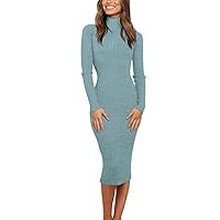 MEROKEETY Women's 2024 Ribbed Long Sleeve Sweater Dress High Neck Slim Fit Knitted Midi Dress