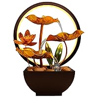 Indoor Waterfall Lotus Leaf Indoor Fountain Light Up Tabletop Fountain Indoor USB 3-Tier 7.9x5.1x10.2in Water Fountain for Living Room Office Home, Gold Indoor Fountains