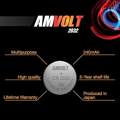 AmVolt 15 Pack CR2032 Batteries [Extended Life] 220mAh 3 Volt Lithium Replacement Airbag 3v C2032 Watch Battery Coin Round Button Cell - Key FOB - Child Resistant | 5 Year Guarantee Shelf-Life