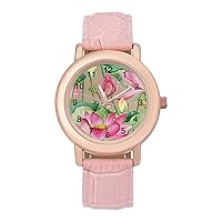 Watercolor Lotus Flowers Womens Watch Round Printed Dial Pink Leather Band Fashion Wrist Watches