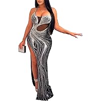 Womens Sexy Spaghetti Strap Sleeveless Mesh Paneled Rhinestone Bodycon Split Party Clubwear Dress