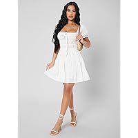 Dresses for Women - Puff Sleeve Tie Front Ruffle Hem Dress (Color : White, Size : XX-Small)