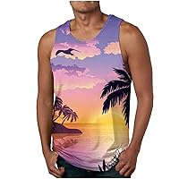 Mens 3D Tank Top Novelty Graphic Breathable Quick Dry Sleeveless Beach Shirt Palm Tree Sunset Hawaiian Casual Swimming Shirts