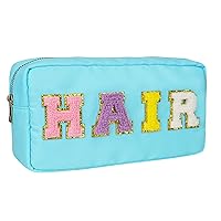 Nylon Zipper Waterproof Preppy Hair Tools Makeup Stuff Pouch -Hair Travel Organizer Bag with Chenille Letter Patches for Women Girl At Home, Traveling, Guest Rooms and Hotels