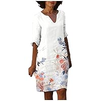 XJYIOEWT Sundresses for Women 2024,Women's F Feather Print Casual V Neck Dress Beach Short Sleeve Dress Summer Swing Dr