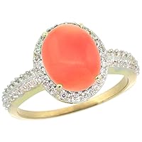 Silver City Jewelry 10K Yellow Gold Diamond Natural Coral Engagement Ring Oval 10x8mm, Sizes 5-10
