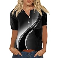 Womens Tops Short Sleeve Henley Neck Button Shirts Geometric Print Dressy Loose Blouse 2024 Summer Trendy Casual T Shirt